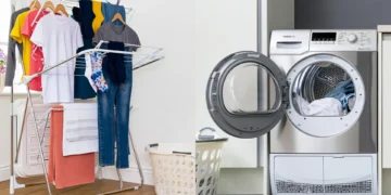 Heated clothes airer beside a tumble dryer comparing UK laundry drying costs